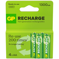 GP - GP Batteries ReCharge 1300 AA Kalem Ni-MH Şarjlı Pil, 1.2 Volt, 4’lü Kart EKONOMİK SERİ