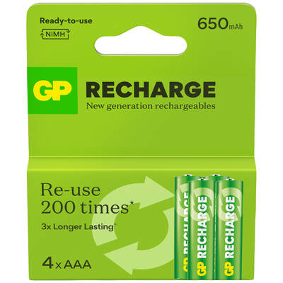 GP Batteries ReCharge 650 AAA İnce Kalem Ni-MH Şarjlı Pil, 1.2 Volt, 4’lü Kart EKONOMİK SERİ