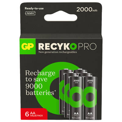 GP Batteries Recyko Pro AA Kalem Ni-Mh Şarjlı Pil, 1.2 Volt, 6’lı Kart