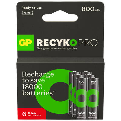 GP Batteries Recyko Pro AAA İnce Kalem Ni-Mh Şarjlı Pil, 1.2 Volt, 6’lı Kart
