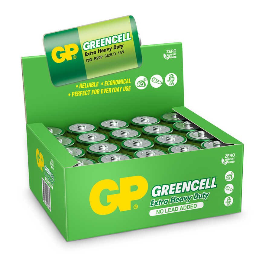  Gp Batteries Gp13g Greencell R20p/1250/d Boy Kalın Pil, 1.5 Volt, 20