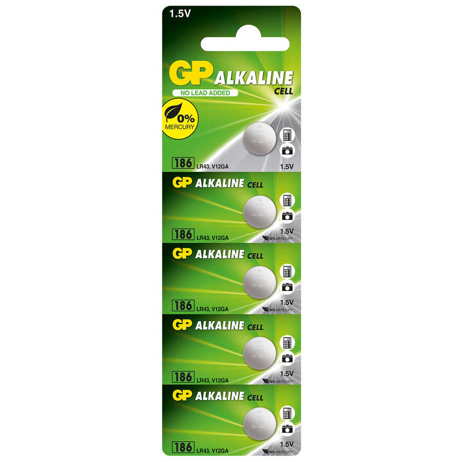  Gp Batteries Gp186 Lr43/186/v12ga Boy Alkalin Düğme Pil, 1.5 Volt, 5