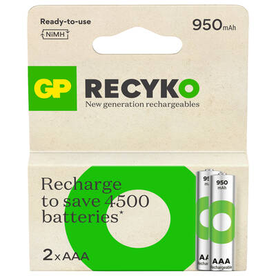 GP Batteries Recyko 950mAh AAA İnce Kalem Ni-Mh Şarjlı Pil, 1.2 Volt, 2’li Kart