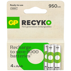 GP - GP Batteries Recyko 950mAh AAA İnce Kalem Ni-Mh Şarjlı Pil, 1.2 Volt, 4'lü Kart