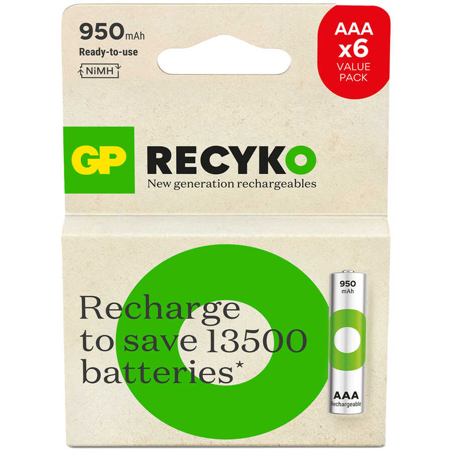  Gp Batteries Recyko 1000 Aaa İnce Kalem Ni-mh Şarjlı Pil, 1.2 Volt, 6