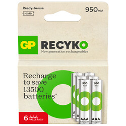 GP - GP Batteries Recyko 950mAh AAA İnce Kalem Ni-Mh Şarjlı Pil, 1.2 Volt, 6’lı Kart