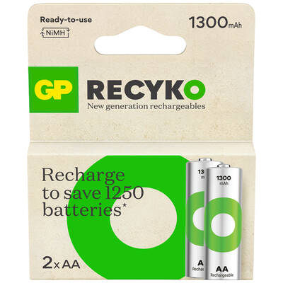 GP Batteries Recyko 1300mAh AA Kalem Ni-Mh Şarjlı Pil, 1.2 Volt, 2’li Kart