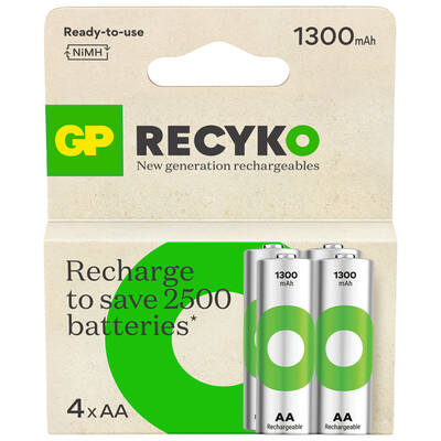 GP Batteries Recyko 1300mAh AA Kalem Ni-Mh Şarjlı Pil, 1.2 Volt, 4’lü Kart