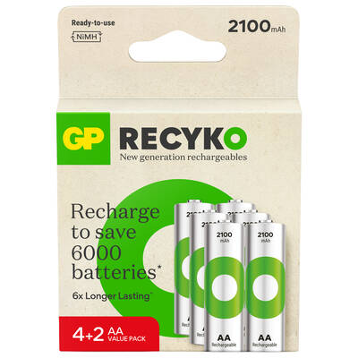 GP Batteries Recyko 2100mAh AA Kalem Ni-Mh Şarjlı Pil, 1.2 Volt, 6’lı Kart