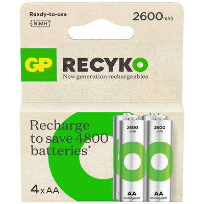 GP Batteries Recyko 2600mAh AA Kalem Ni-Mh Şarjlı Pil, 1.2 Volt, 4’lü Kart