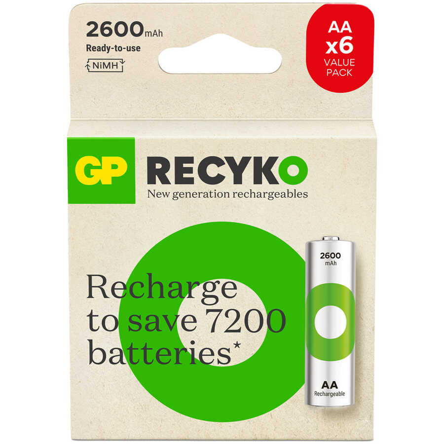  Gp Batteries Recyko 2700 Aa Kalem Ni-mh Şarjlı Pil, 1.2 Volt, 6
