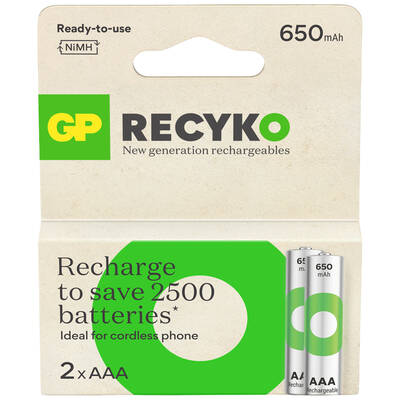 GP Batteries Recyko 650mAh AAA İnce Kalem Ni-Mh Şarjlı Pil, 1.2 Volt, 2’li Kart