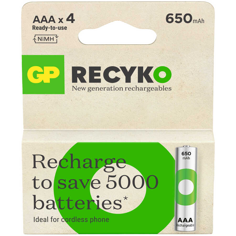  Gp Batteries Recyko 650 Aaa İnce Kalem Ni-mh Şarjlı Pil, 1.2 Volt, 4