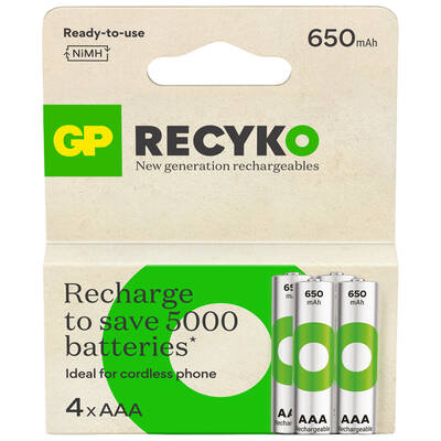 GP Batteries Recyko 650mAh AAA İnce Kalem Ni-Mh Şarjlı Pil, 1.2 Volt, 4'lü Kart