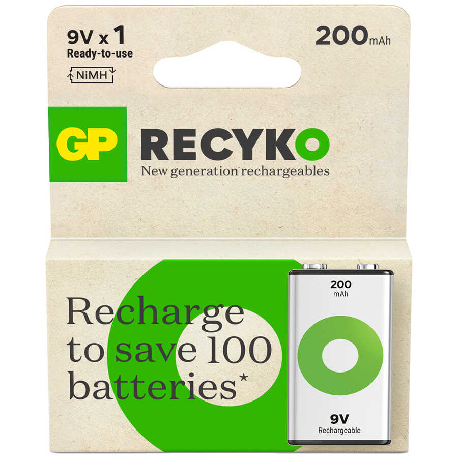  Gp Batteries Recyko 200 9v Boy Ni-mh Şarjlı Pil, 8.4 Volt, Tekli Kart