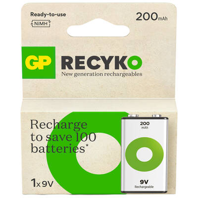 GP Batteries Recyko 200 9V Boy Ni-Mh Şarjlı Pil, 8.4 Volt, Tekli Kart