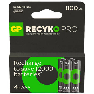 GP Batteries Recyko Pro AAA İnce Kalem Ni-Mh Şarjlı Pil, 1.2 Volt, 4’lü Kart