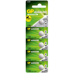 GP Batteries GPA76 LR44/A76/V13GA/AG13 Boy Alkalin Düğme Pil, 1.5 Volt, 5'li Kart